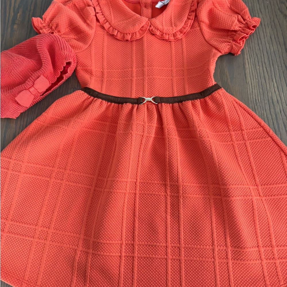 Janie and Jack Coral Dress with Brown Belt and matching beret.